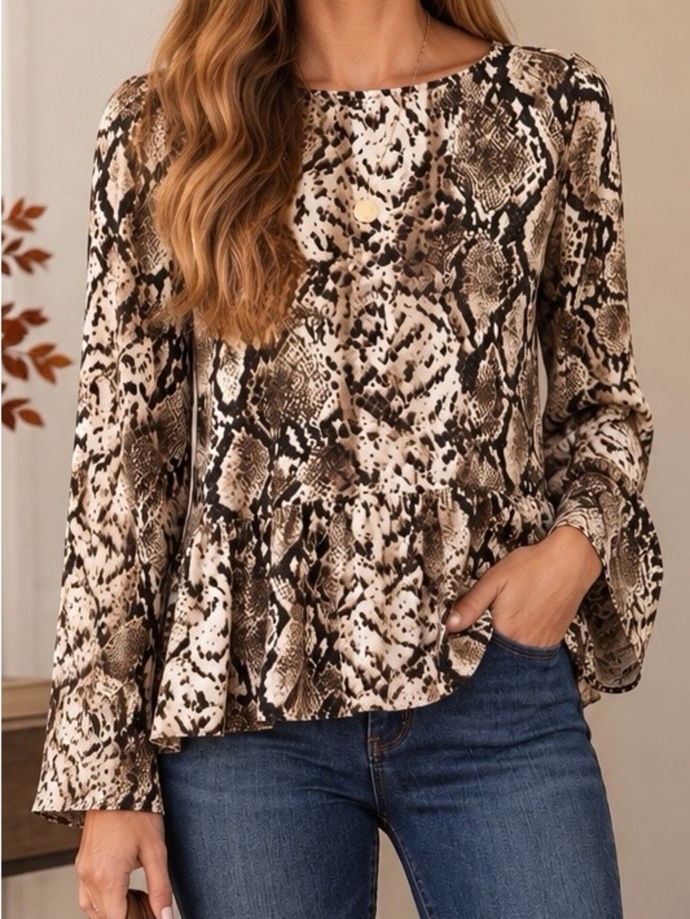 Snake Print Peplum Long Sleeve Top in Brown & Black